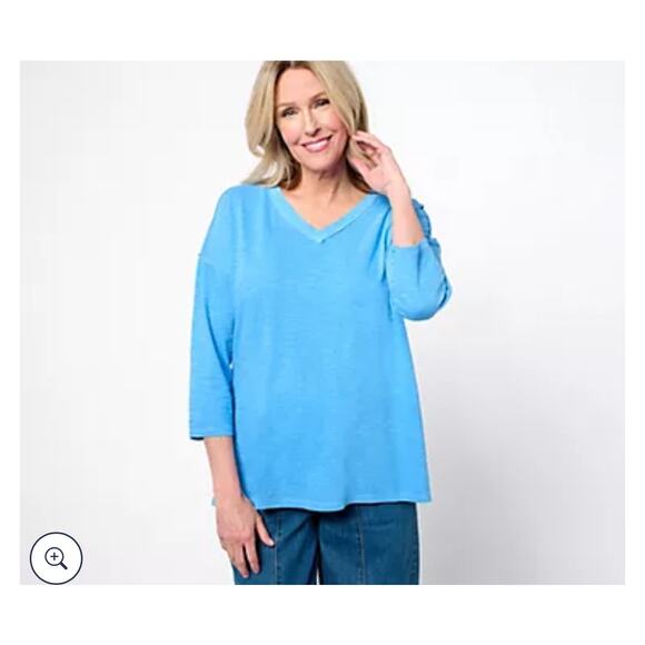 LOGO Lori Goldstein NEW Womens 100% Cotton Slub Blue V-Neck 3/4 Sleeve Top Sz 1X - Picture 1 of 7
